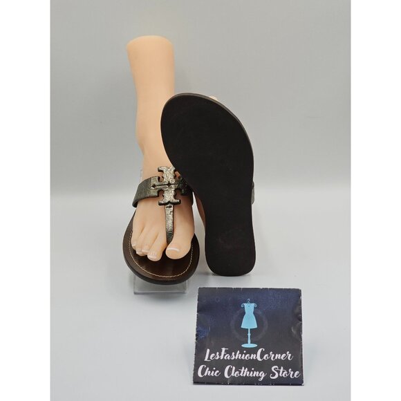 Tory Burch Women's Metallic Gunmetal Leather Moore T-Strap Sandals Sz 7.5 2644 - Picture 3 of 16